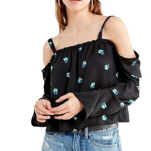 Urban Outfitters woman's Valley Cold Shoulder Crop Ruffle Top Black w Bird's L